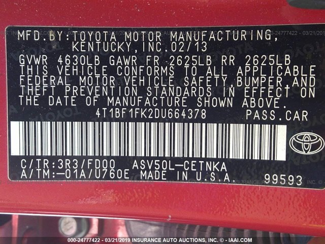 4T1BF1FK2DU664378 - 2013 TOYOTA CAMRY L/SE/LE/XLE 红色 照片 9