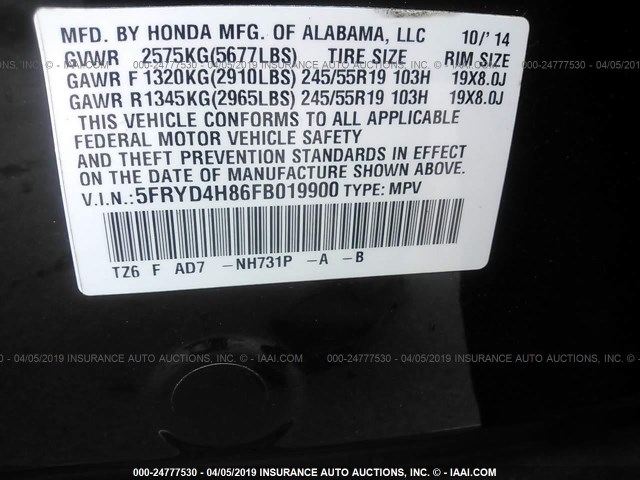 5FRYD4H86FB019900 - 2015 ACURA MDX BLACK photo 9