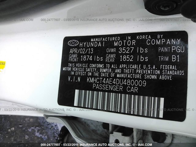 KMHCT4AE4DU480009 - 2013 HYUNDAI ACCENT GLS/GS WHITE photo 9