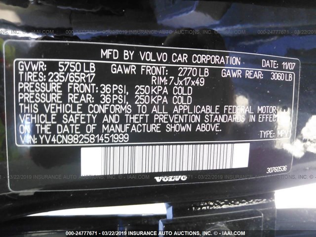 YV4CN982581451999 - 2008 VOLVO XC90 BLACK photo 9