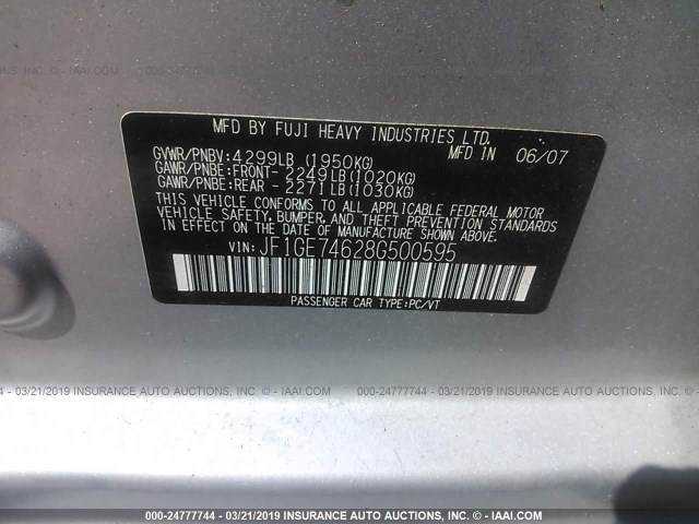 JF1GE74628G500595 - 2008 SUBARU IMPREZA SILVER photo 9