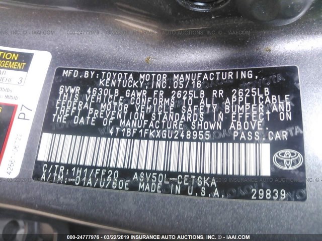 4T1BF1FKXGU248955 - 2016 TOYOTA CAMRY LE/XLE/SE/XSE ნაცრისფერი ფოტო 9