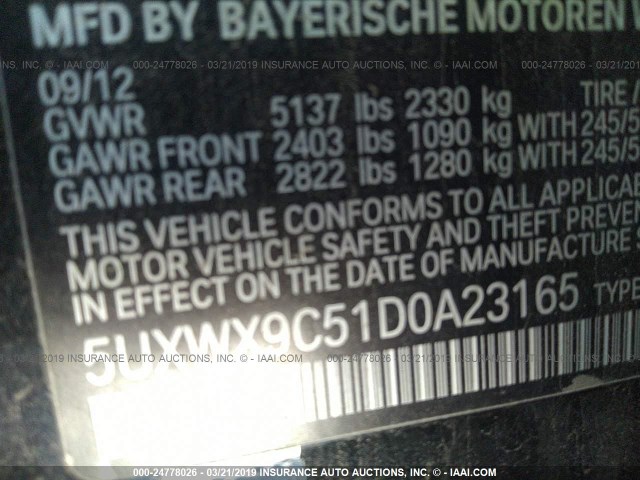 5UXWX9C51D0A23165 - 2013 BMW X3 XDRIVE28I BLACK photo 9