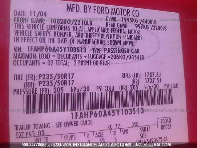 1FAHP60A45Y103513 - 2005 FORD THUNDERBIRD  RED photo 9