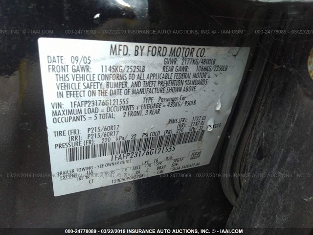 1FAFP23176G121555 - 2006 FORD FIVE HUNDRED SE BLACK photo 9