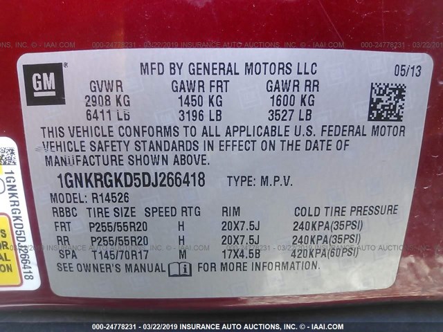 1GNKRGKD5DJ266418 - 2013 CHEVROLET TRAVERSE LT RED photo 9