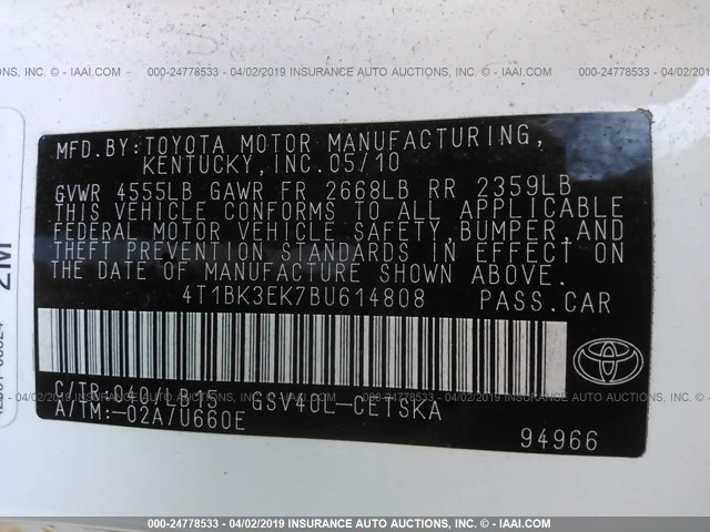 4T1BK3EK7BU614808 - 2011 TOYOTA CAMRY SE/LE/XLE 白色 照片 9