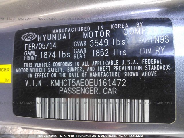 KMHCT5AE0EU161472 - 2014 HYUNDAI ACCENT GLS/GS GRAY photo 9