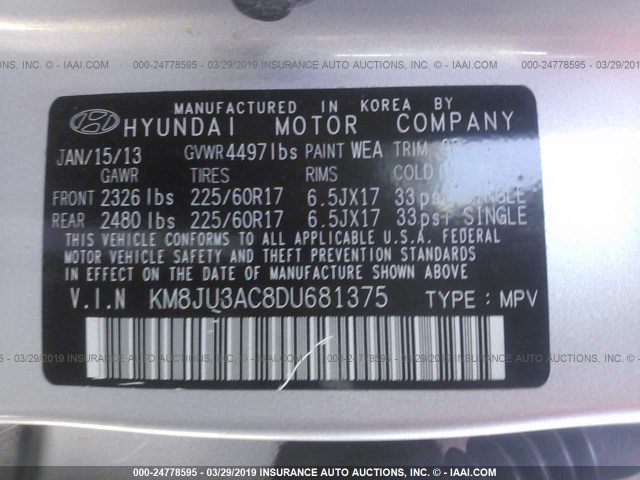 KM8JU3AC8DU681375 - 2013 HYUNDAI TUCSON GLS/LIMITED ვერცხლისფერი ფოტო 9