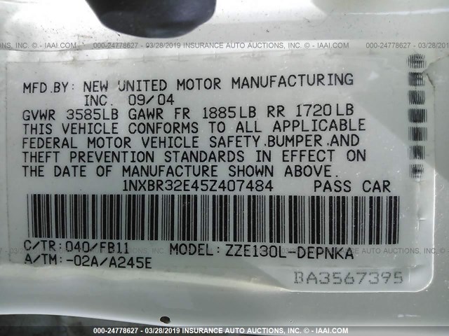 1NXBR32E45Z407484 - 2005 TOYOTA COROLLA CE/LE/S WHITE photo 9