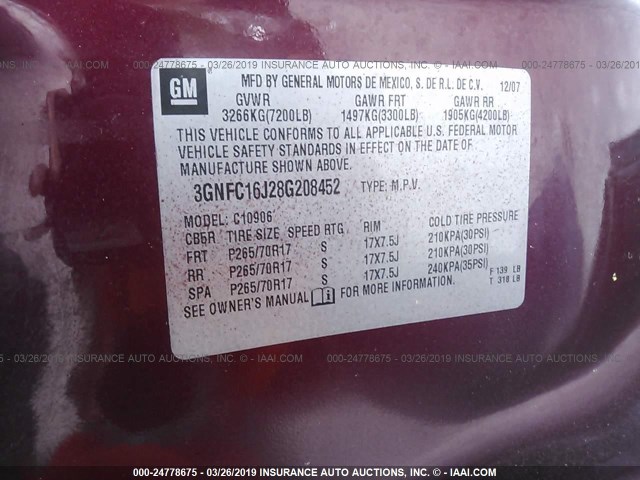 3GNFC16J28G208452 - 2008 CHEVROLET SUBURBAN BURGUNDY photo 9