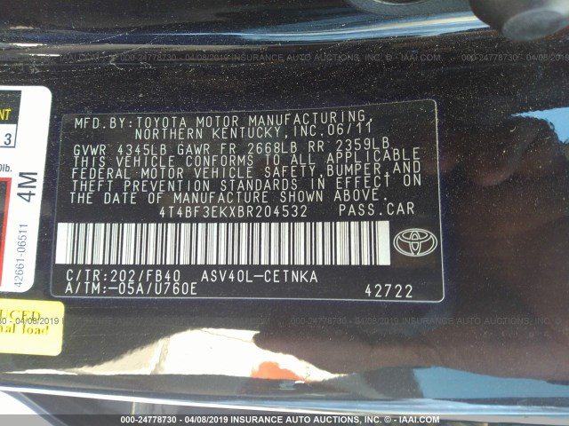 4T4BF3EKXBR204532 - 2011 TOYOTA CAMRY SE/LE/XLE BLACK photo 9