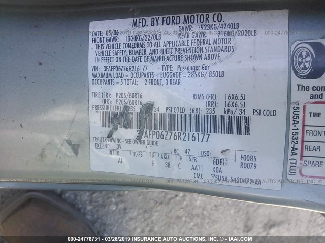 3FAFP06Z76R216177 - 2006 FORD FUSION S GREEN photo 9