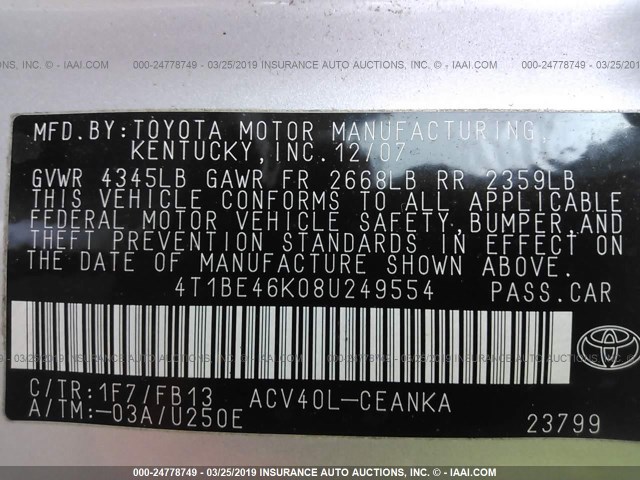 4T1BE46K08U249554 - 2008 TOYOTA CAMRY CE/LE/XLE/SE 灰色 照片 9