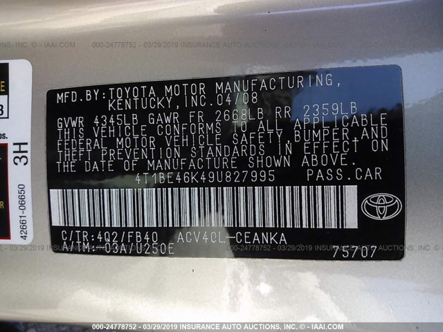 4T1BE46K49U827995 - 2009 TOYOTA CAMRY SE/LE/XLE TAN photo 9