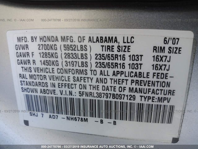 5FNRL38797B097129 - 2007 HONDA ODYSSEY EXL SILVER photo 9