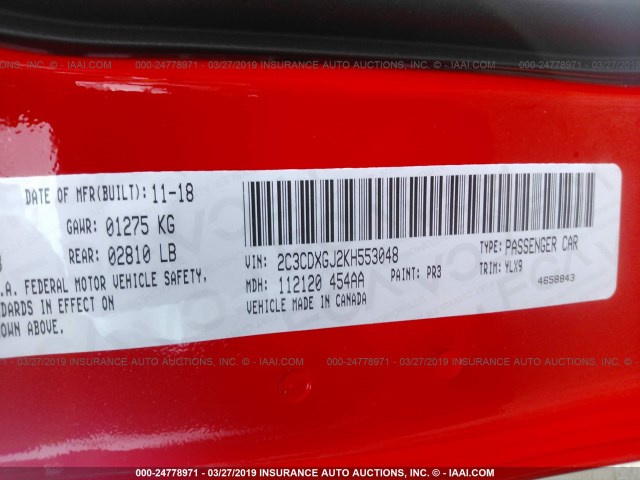 2C3CDXGJ2KH553048 - 2019 DODGE CHARGER SCAT PACK RED photo 9