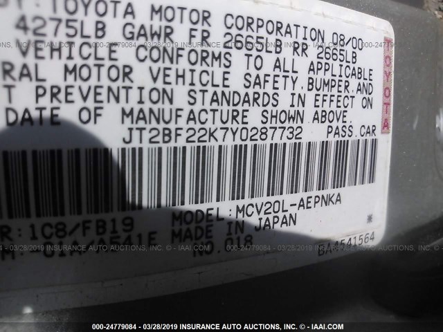 JT2BF22K7Y0287732 - 2000 TOYOTA CAMRY CE/LE/XLE SILVER photo 9