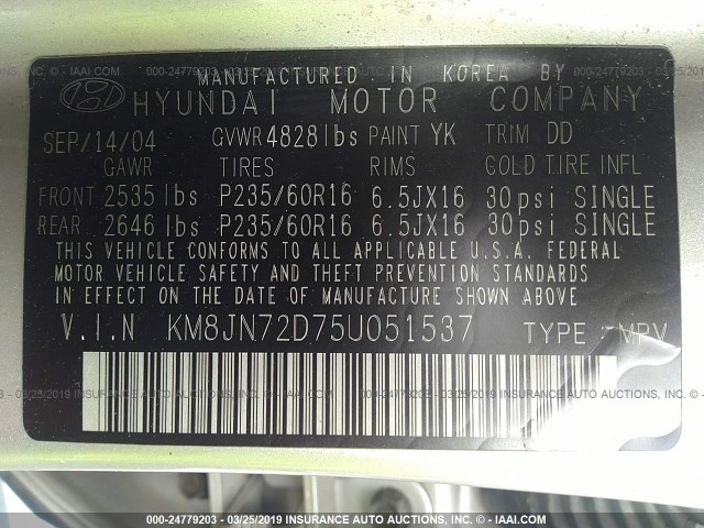 KM8JN72D75U051537 - 2005 HYUNDAI TUCSON GLS/LX SILVER photo 9