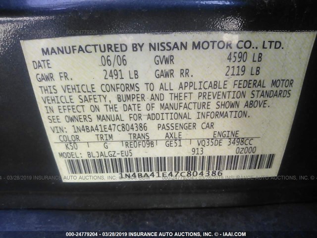 1N4BA41E47C804386 - 2007 NISSAN MAXIMA SE/SL GRAY photo 9