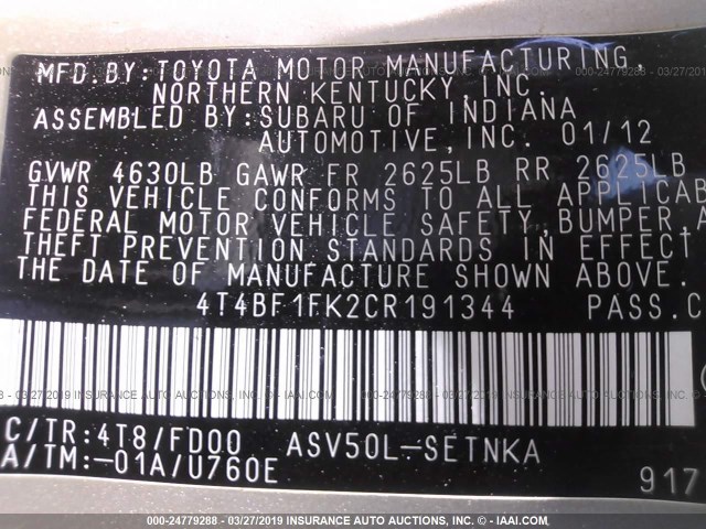 4T4BF1FK2CR191344 - 2012 TOYOTA CAMRY SE/LE/XLE GOLD photo 9