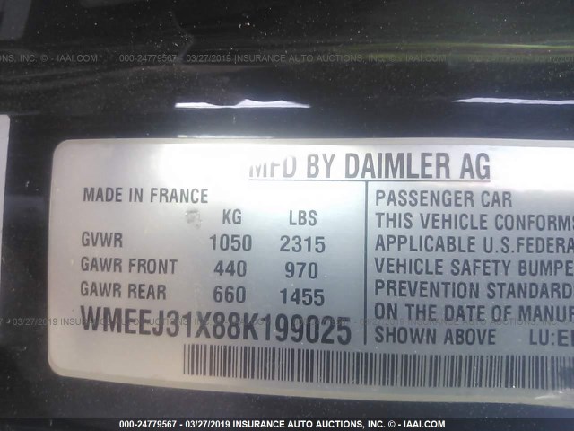 WMEEJ31X88K199025 - 2008 SMART FORTWO PURE/PASSION WHITE photo 9