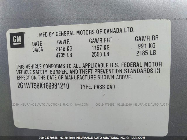 2G1WT58K169381210 - 2006 CHEVROLET IMPALA LT Light Blue photo 9