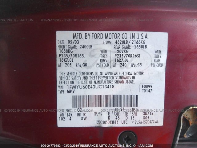 1FMYU60E43UC13418 - 2003 FORD EXPLORER SPORT RED photo 9