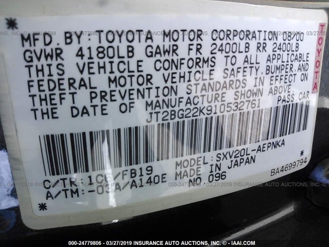 JT2BG22K910532761 - 2001 TOYOTA CAMRY CE/LE/XLE GRAY photo 9