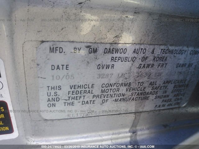 KL1TD66626B560056 - 2006 CHEVROLET AVEO LS SILVER photo 9