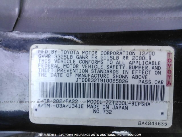 JTDDR32T910085826 - 2001 TOYOTA CELICA GT BLACK photo 9