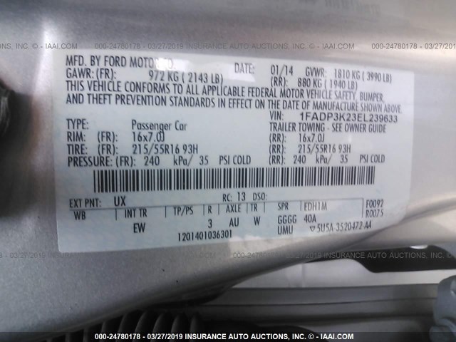 1FADP3K23EL239633 - 2014 FORD FOCUS SE SILVER photo 9