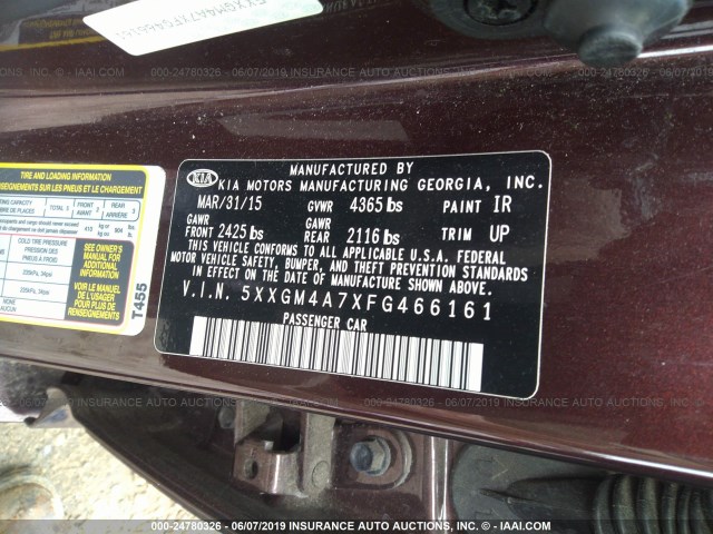 5XXGM4A7XFG466161 - 2015 KIA OPTIMA LX BURGUNDY photo 9