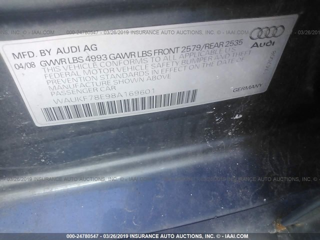 WAUKF78E98A169601 - 2008 AUDI A4 2.0T AVANT QUATTRO GRAY photo 9