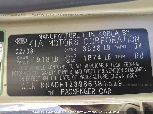 KNADE123986381529 - 2008 KIA RIO LX/SX GOLD photo 9