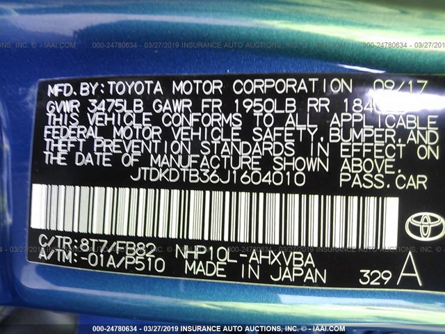 JTDKDTB36J1604010 - 2018 TOYOTA PRIUS C BLUE photo 9