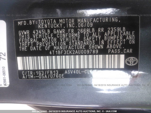 4T1BF3EK2AU009789 - 2010 TOYOTA CAMRY SE/LE/XLE GRAY photo 9