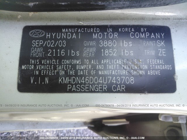 KMHDN46D04U743708 - 2004 HYUNDAI ELANTRA GLS/GT Champagne photo 9