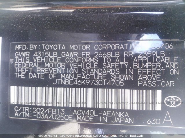 JTNBE46K973014705 - 2007 TOYOTA CAMRY NEW GENERAT CE/LE/XLE/SE BLACK photo 9