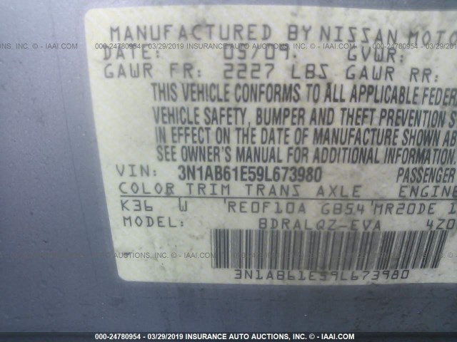 3N1AB61E59L673980 - 2009 NISSAN SENTRA 2.0/2.0S/2.0SL SILVER photo 9