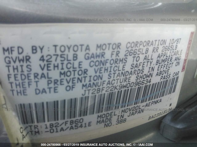 JT2BF22K9W0096634 - 1998 TOYOTA CAMRY CE/LE/XLE Champagne photo 9