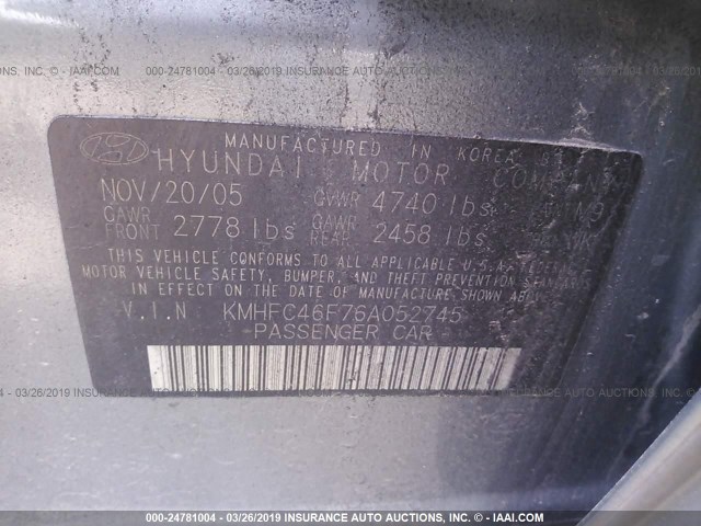 KMHFC46F76A052745 - 2006 HYUNDAI AZERA SE/LIMITED GREEN photo 9