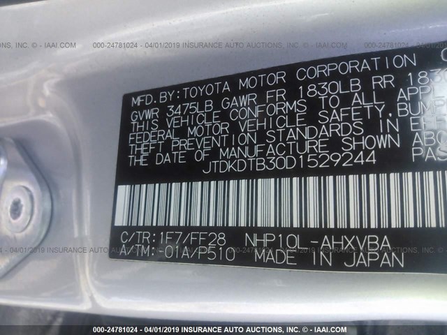 JTDKDTB30D1529244 - 2013 TOYOTA PRIUS C SILVER photo 9