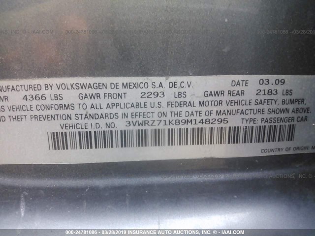 3VWRZ71K89M148295 - 2009 VOLKSWAGEN JETTA SE/SEL GRAY photo 9