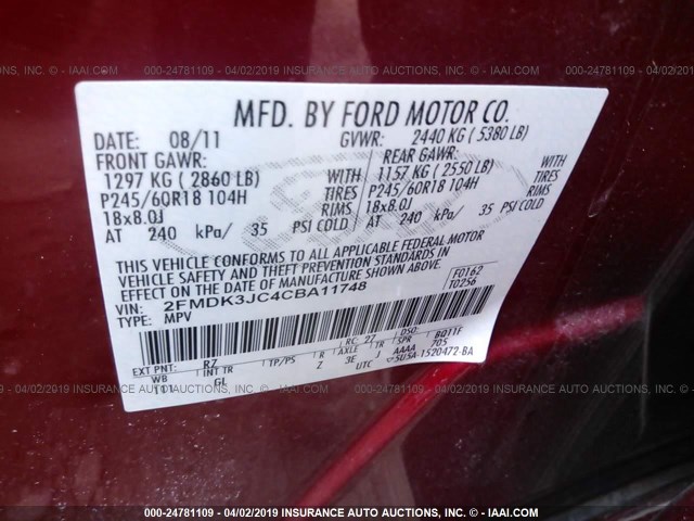 2FMDK3JC4CBA11748 - 2012 FORD EDGE SEL RED photo 9