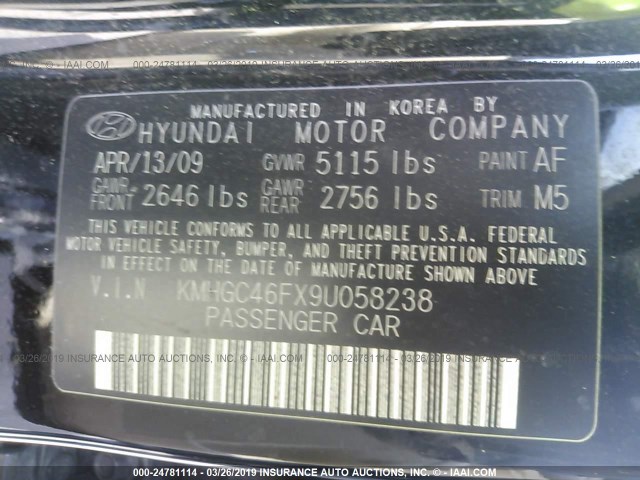 KMHGC46FX9U058238 - 2009 HYUNDAI GENESIS 4.6L BLACK photo 9