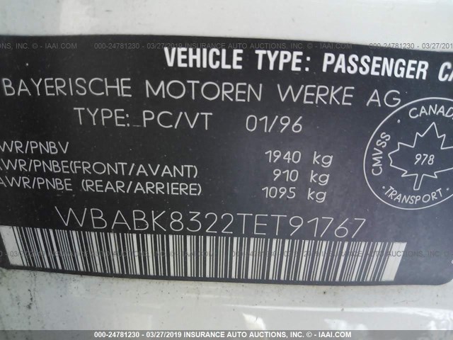 WBABK8322TET91767 - 1996 BMW 328 IC AUTOMATIC WHITE photo 9