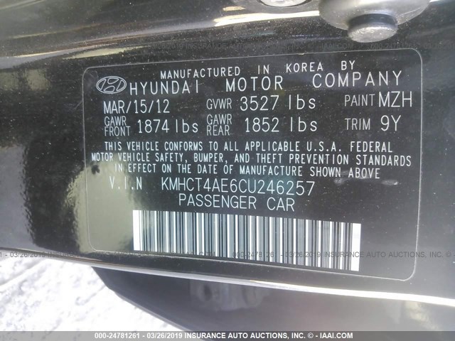 KMHCT4AE6CU246257 - 2012 HYUNDAI ACCENT GLS/GS BLACK photo 9