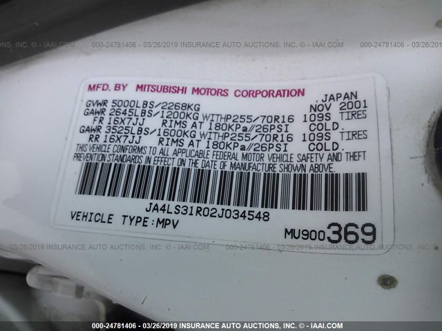 JA4LS31R02J034548 - 2002 MITSUBISHI MONTERO SPORT XLS WHITE photo 9