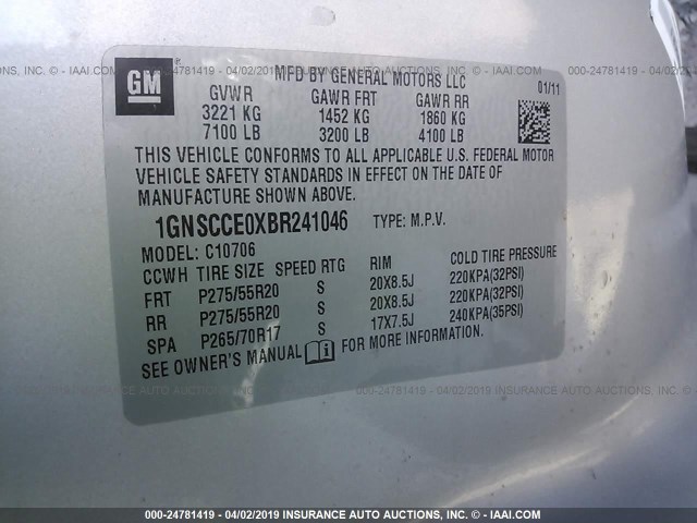 1GNSCCE0XBR241046 - 2011 CHEVROLET TAHOE C1500 LTZ Gümüş foto 9